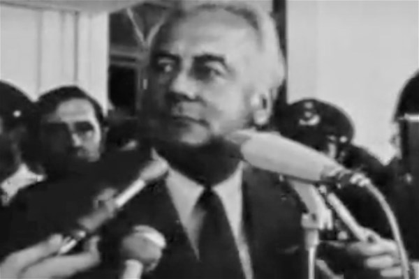 Gough Whitlam at a press conference after the Governor General appointed leader of the opposition, Malcolm Fraser, interim prime minister.